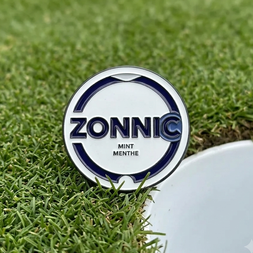A round white golf flagstick with the brand name ZONNIC and 'MINT MENTHE' printed in navy blue, resting on a green grass surface.